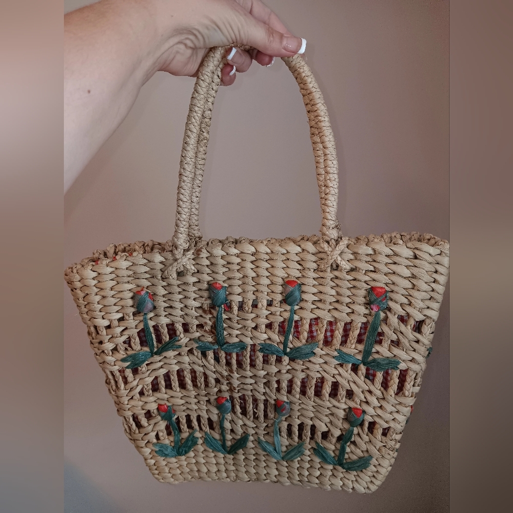Handwoven Beige and Green Tote Bag Vintage Beige And Green With Flowers